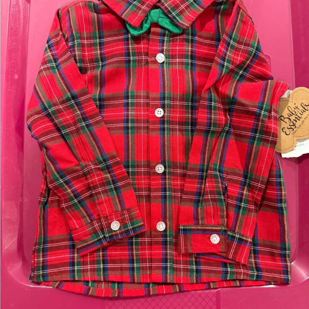 Red and Green Christmas Plaid Button-Up Shirt with Bow Tie